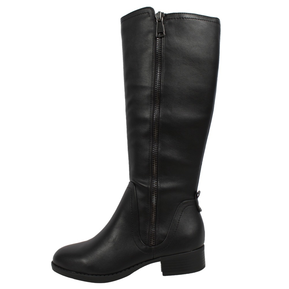 Black Faux Leather Knee High Low Block Heel - Picture 3 of 4